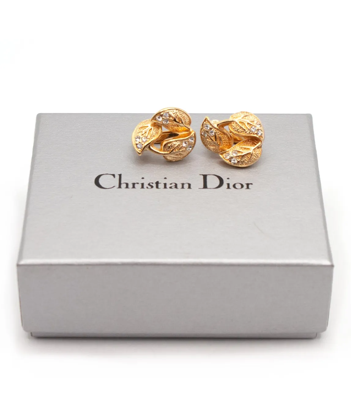 Vintage gold tone three leaf Christian Dior ear clips with box
