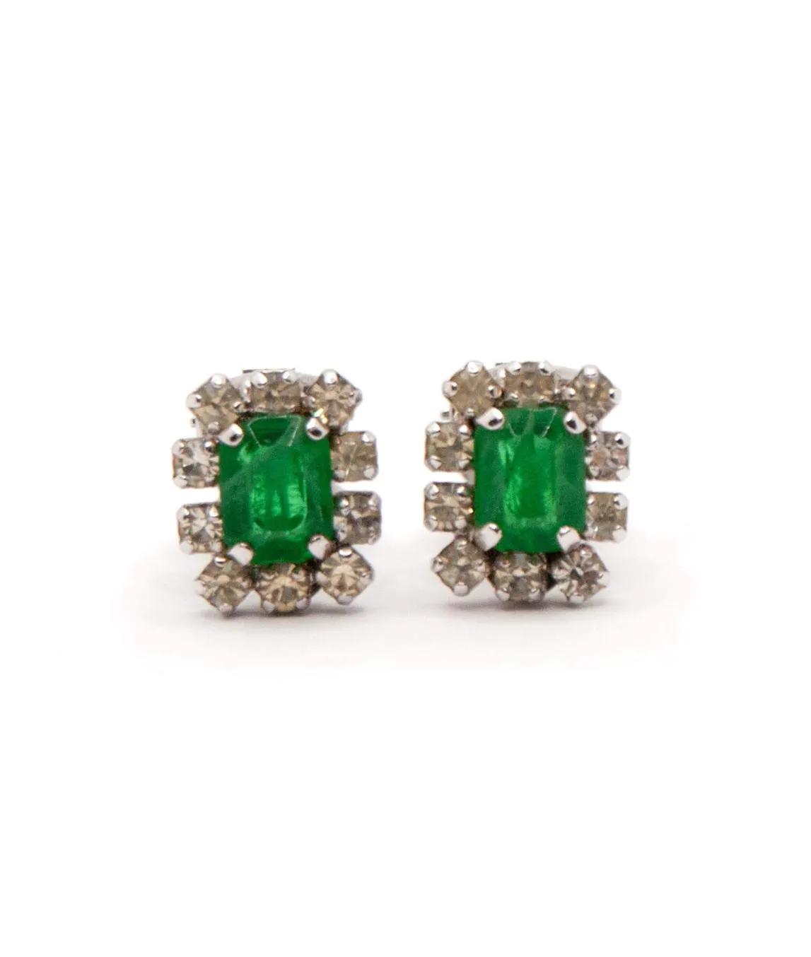 Christian Dior vintage ear clips flawed emerald glass with rhinestone clusters