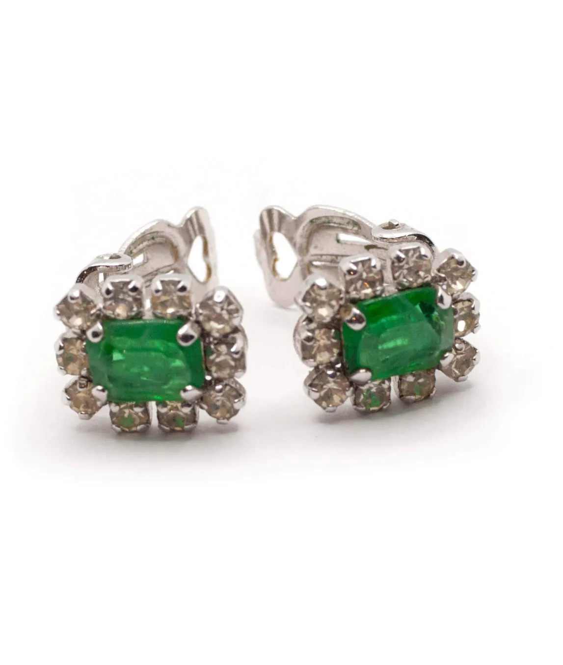 Christian Dior ear clips emerald green glass with clear rhinestone crystals