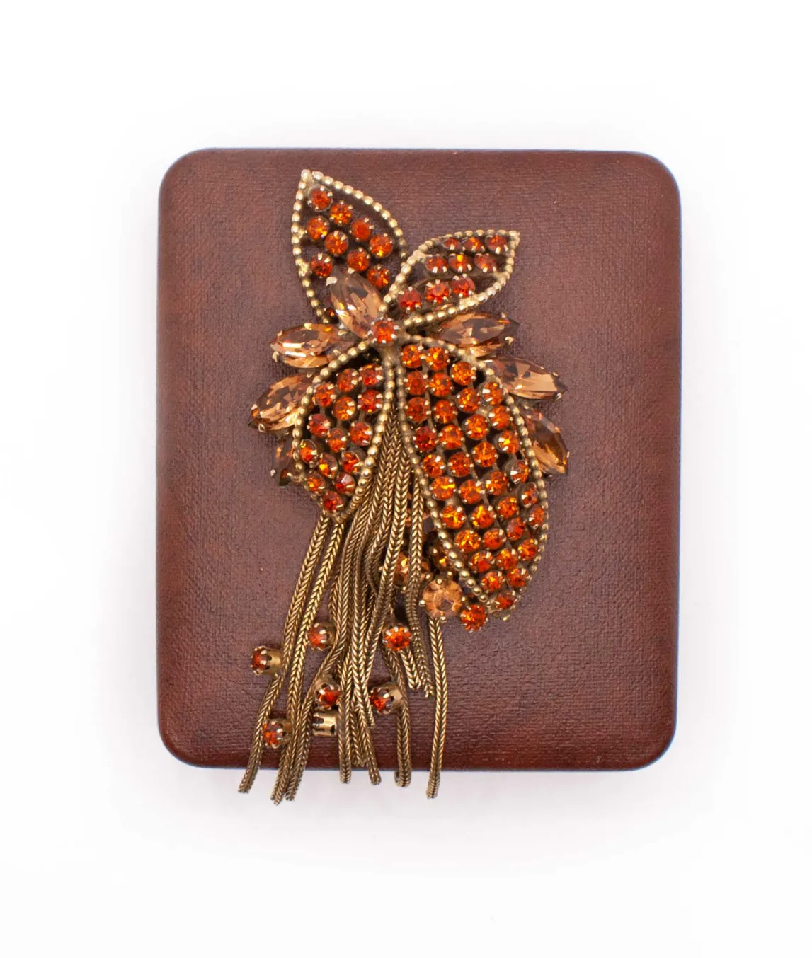 Large Vendôme Amber Floral Brooch on brown leatherette box