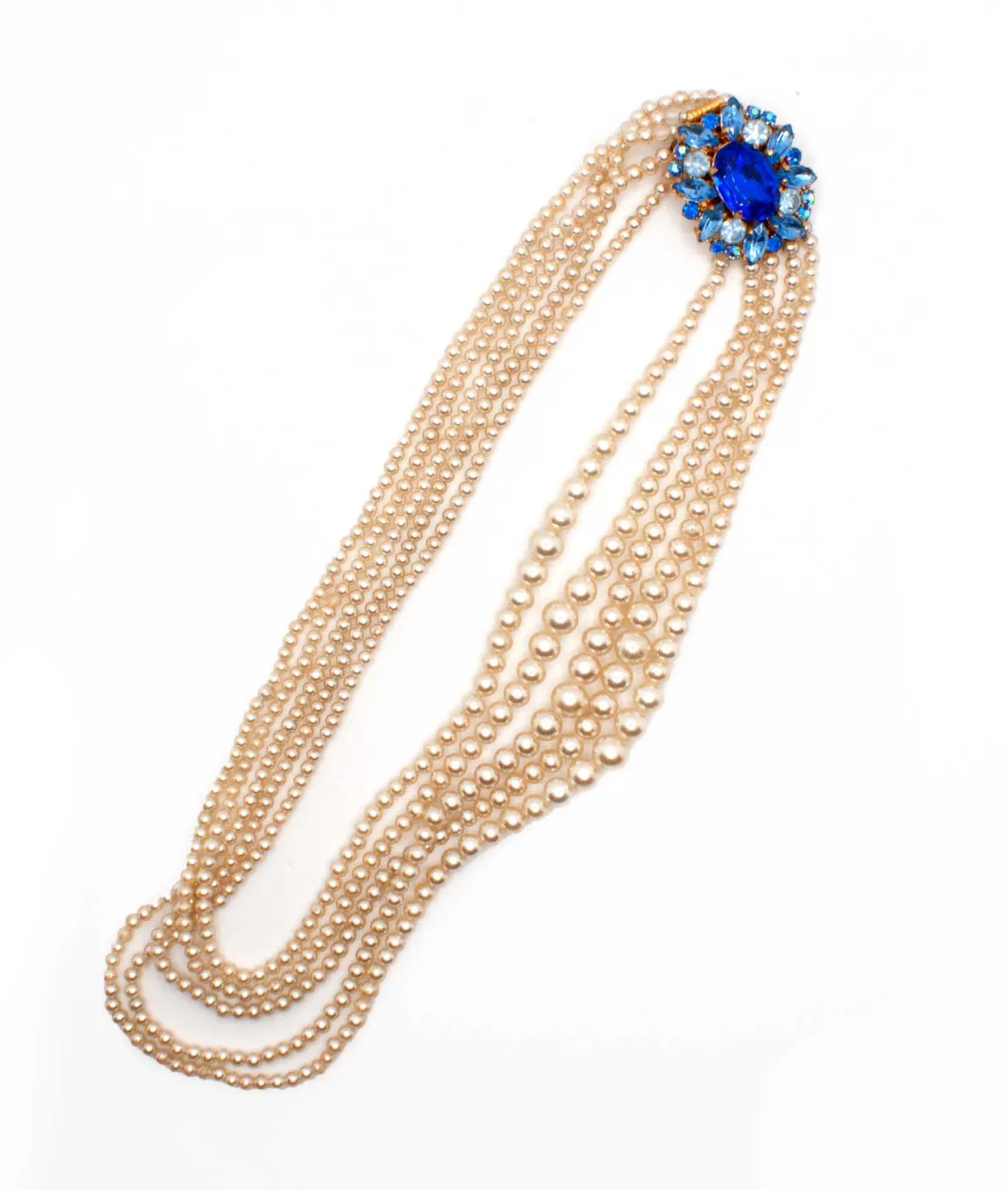 Vintage five-strand Faux Pearl Necklace with Decorative Blue crystal Clasp