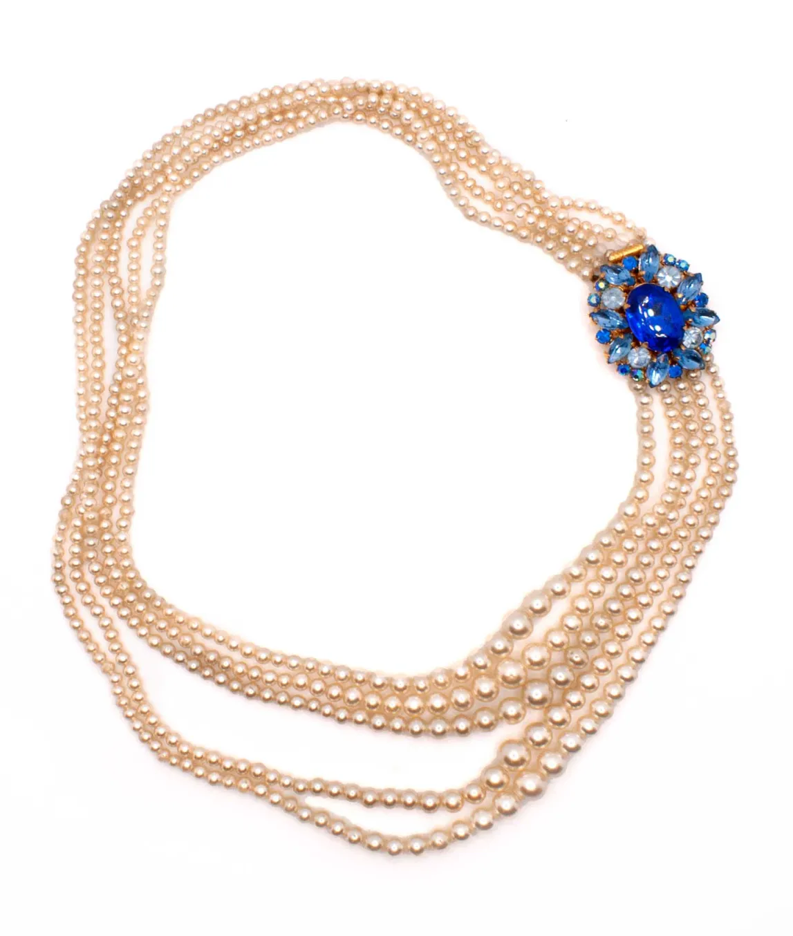 Vintage Multi-strand Faux Pearl Necklace with Decorative Blue Clasp
