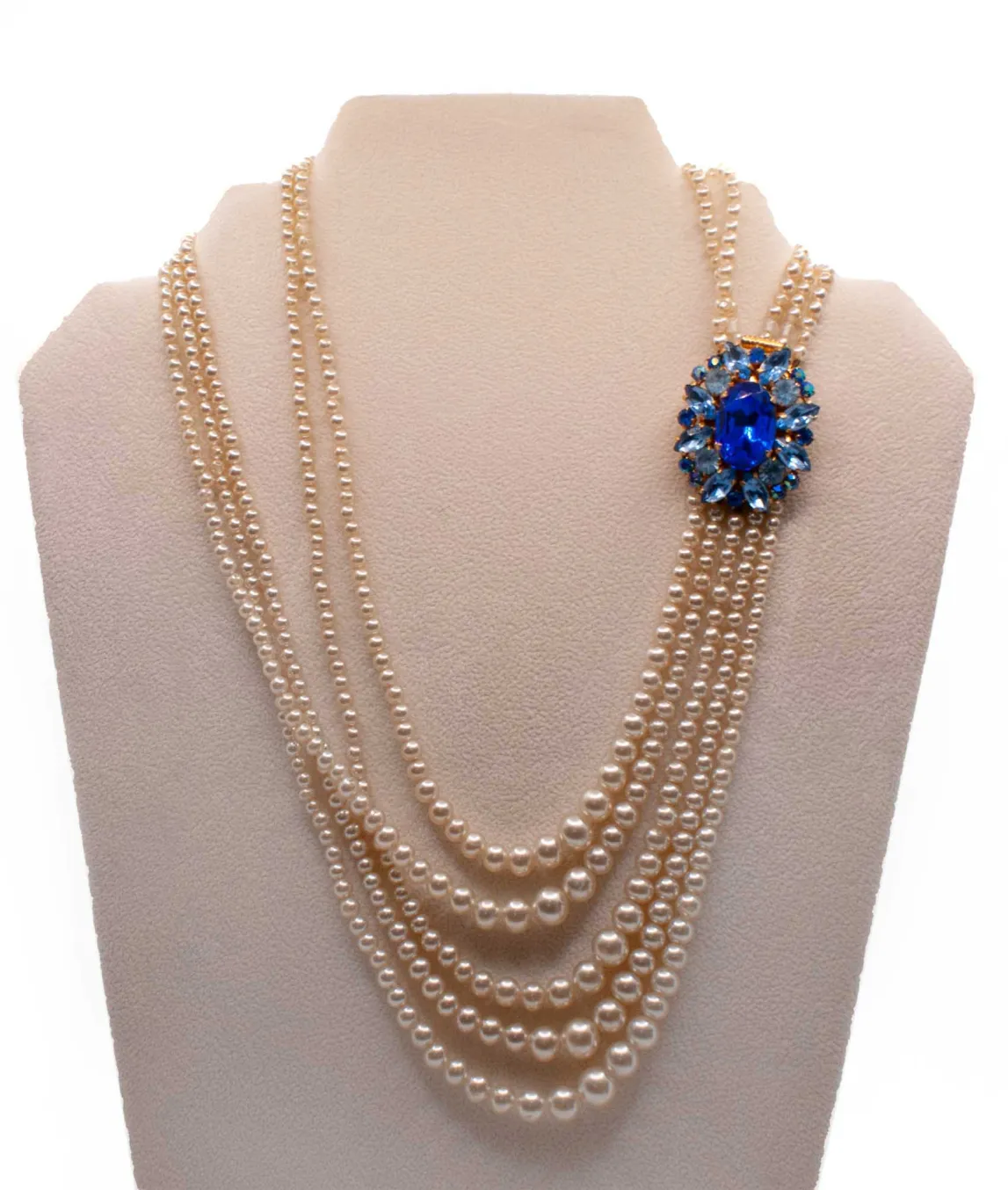 Multi-strand Faux Pearl Necklace with Decorative Blue Clasp