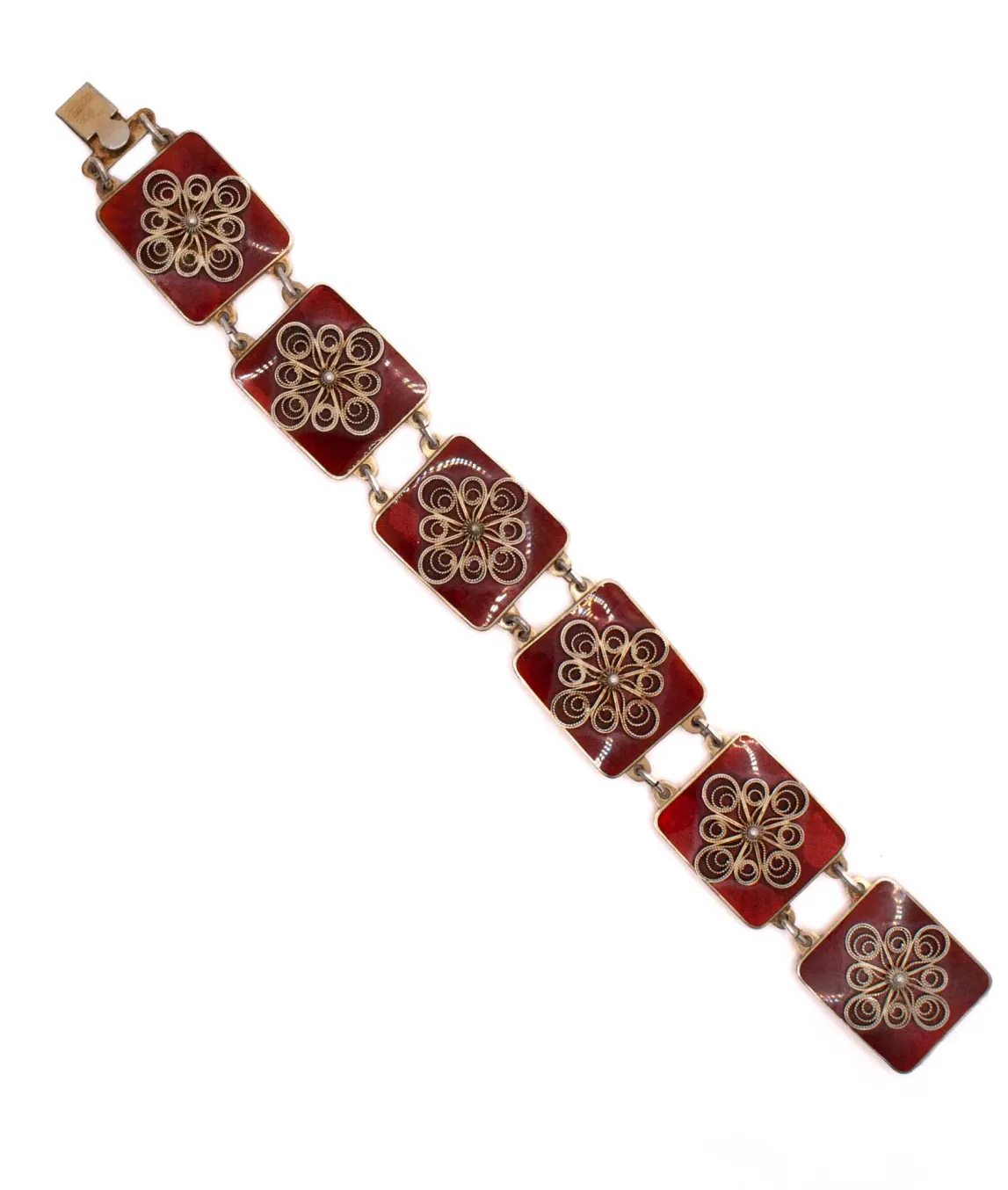 Ivar Holth red enamel panel bracelet decorated with silver filigree flowers - open flat