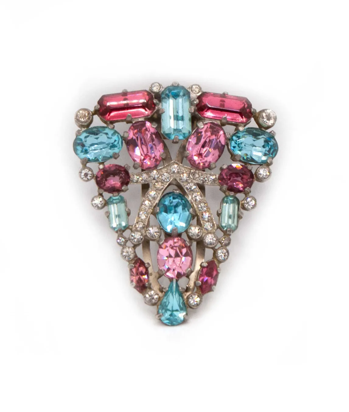 Large shield shaped fur clip by Eisenberg Original set with large pink and blue paste gems