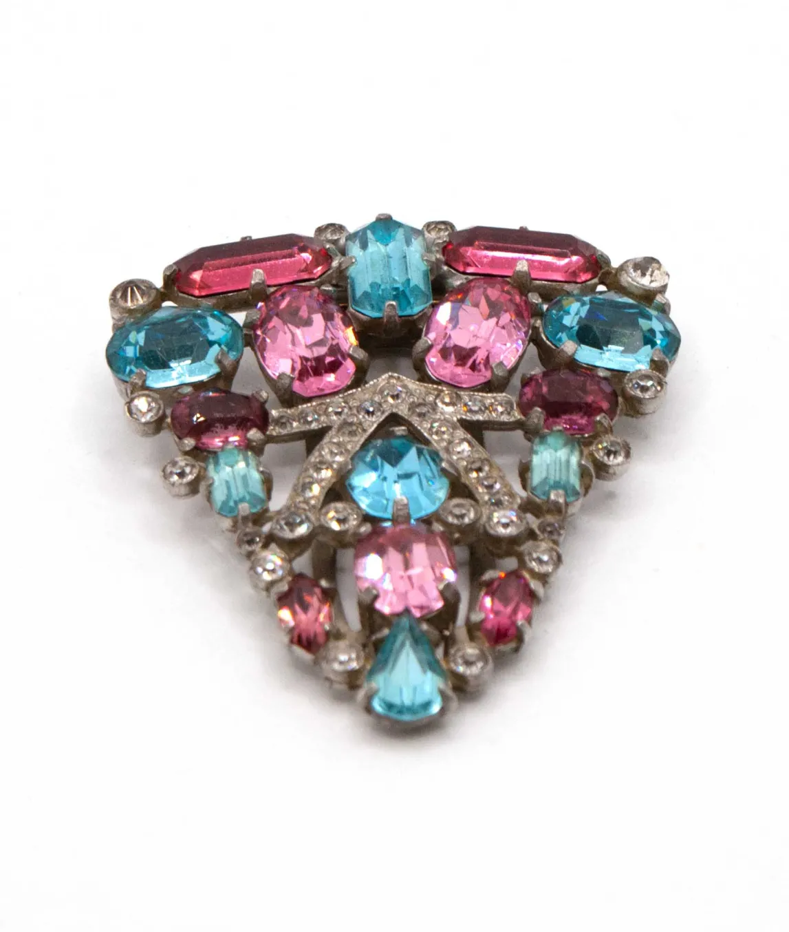 Large shield shaped fur clip by Eisenberg Original set with large pink and aqua paste gems and rhinestones