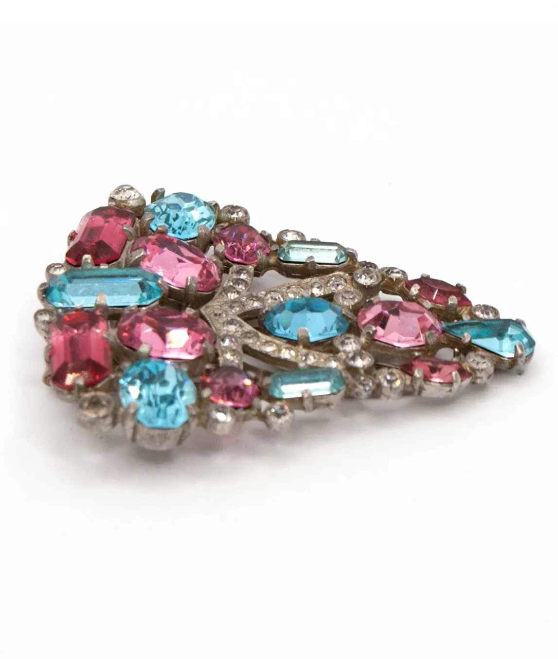 Large shield shaped fur clip by Eisenberg Original set with large pink and blue paste gems side view