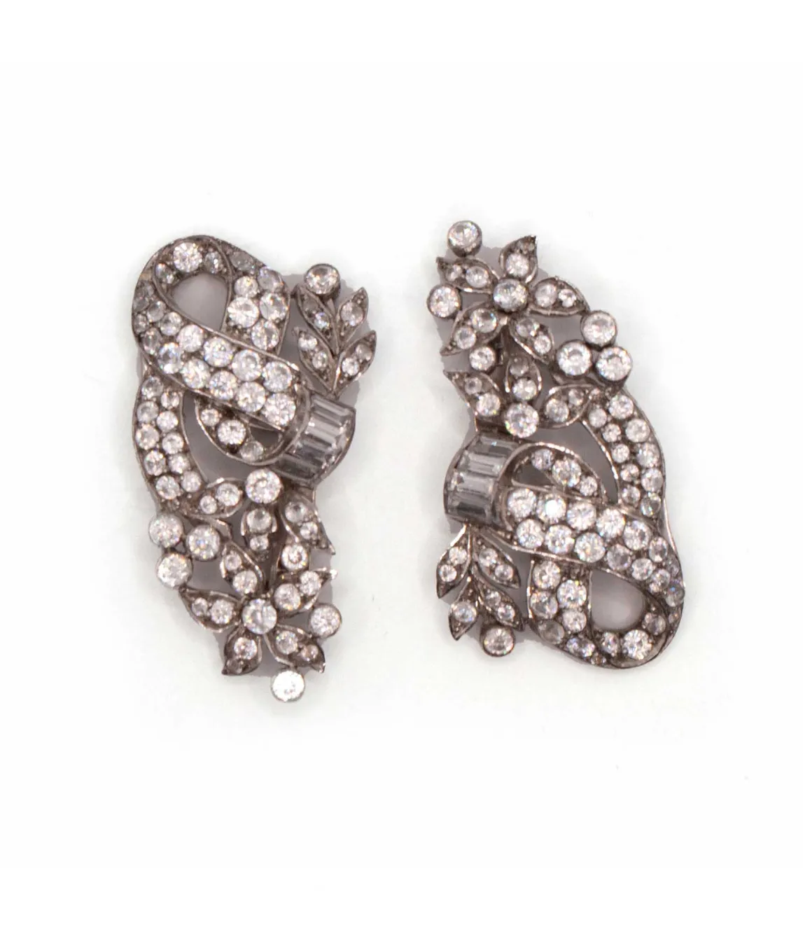 Pair of clear crystal dress clips on silver metal