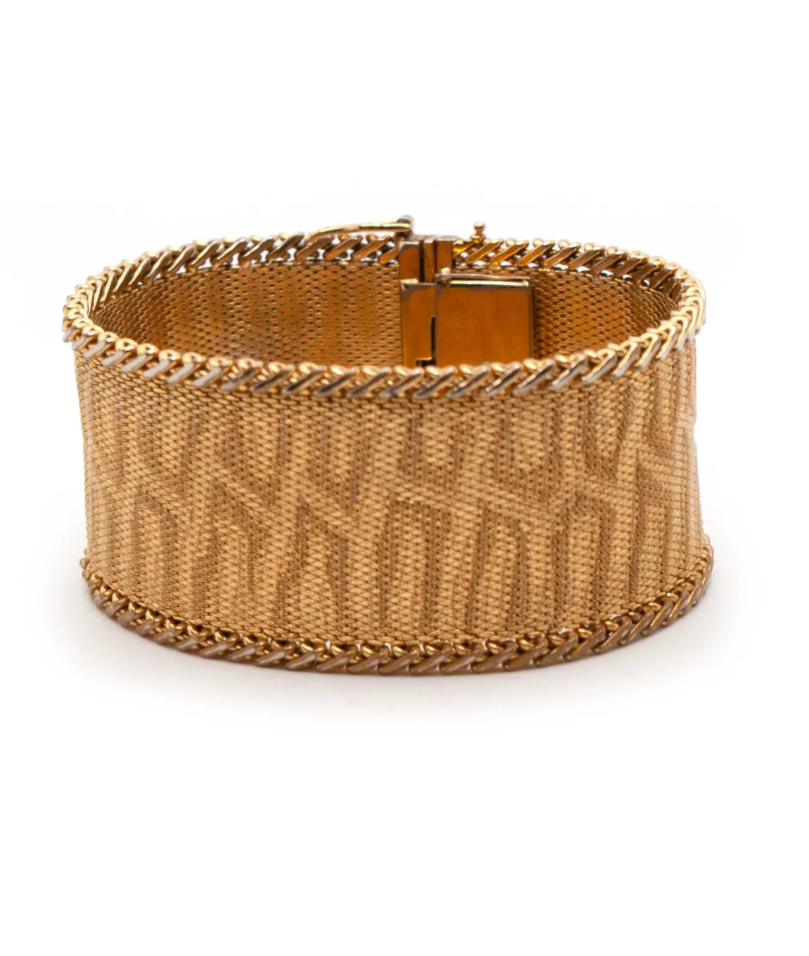 Vintage gold tone woven animal print metal bracelet done up side view