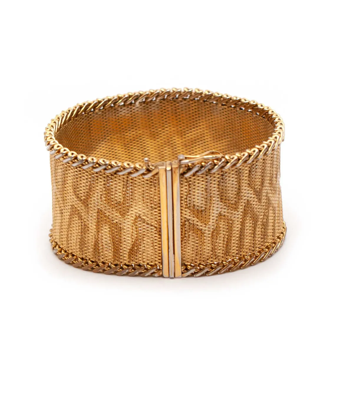 Gold tone woven bracelet by Grosse done up with clasp facing forward