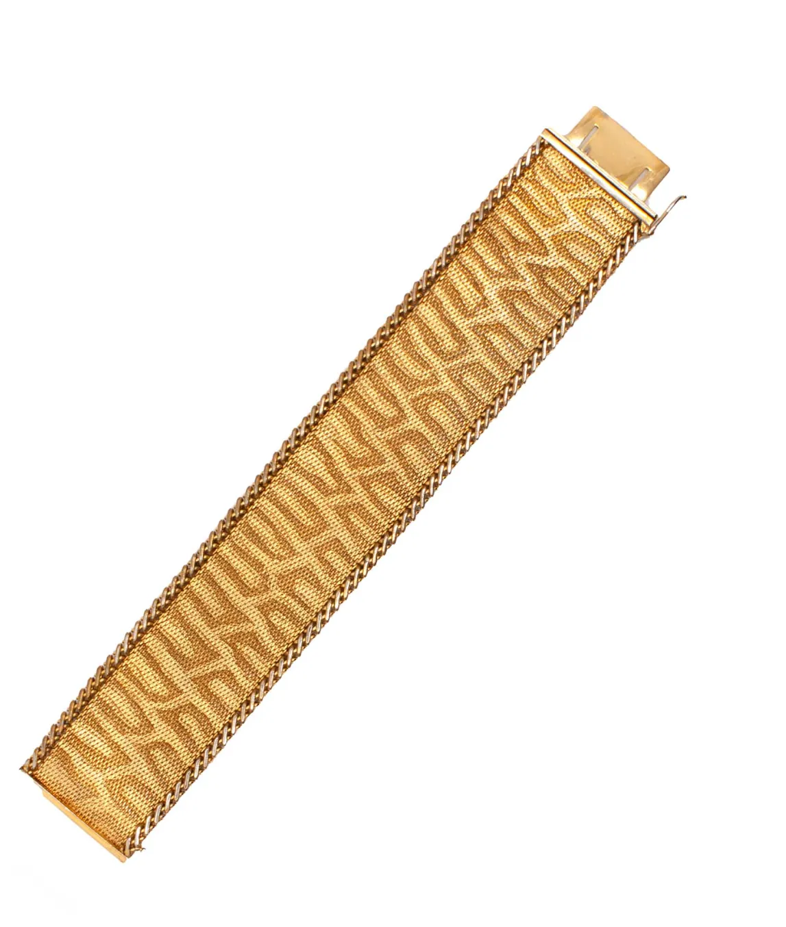 Gold tone animal print woven bracelet laying flat
