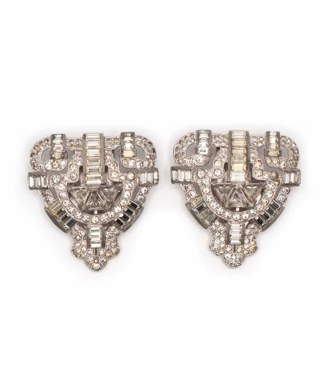 Two art deco clear paste white metal set dress clips