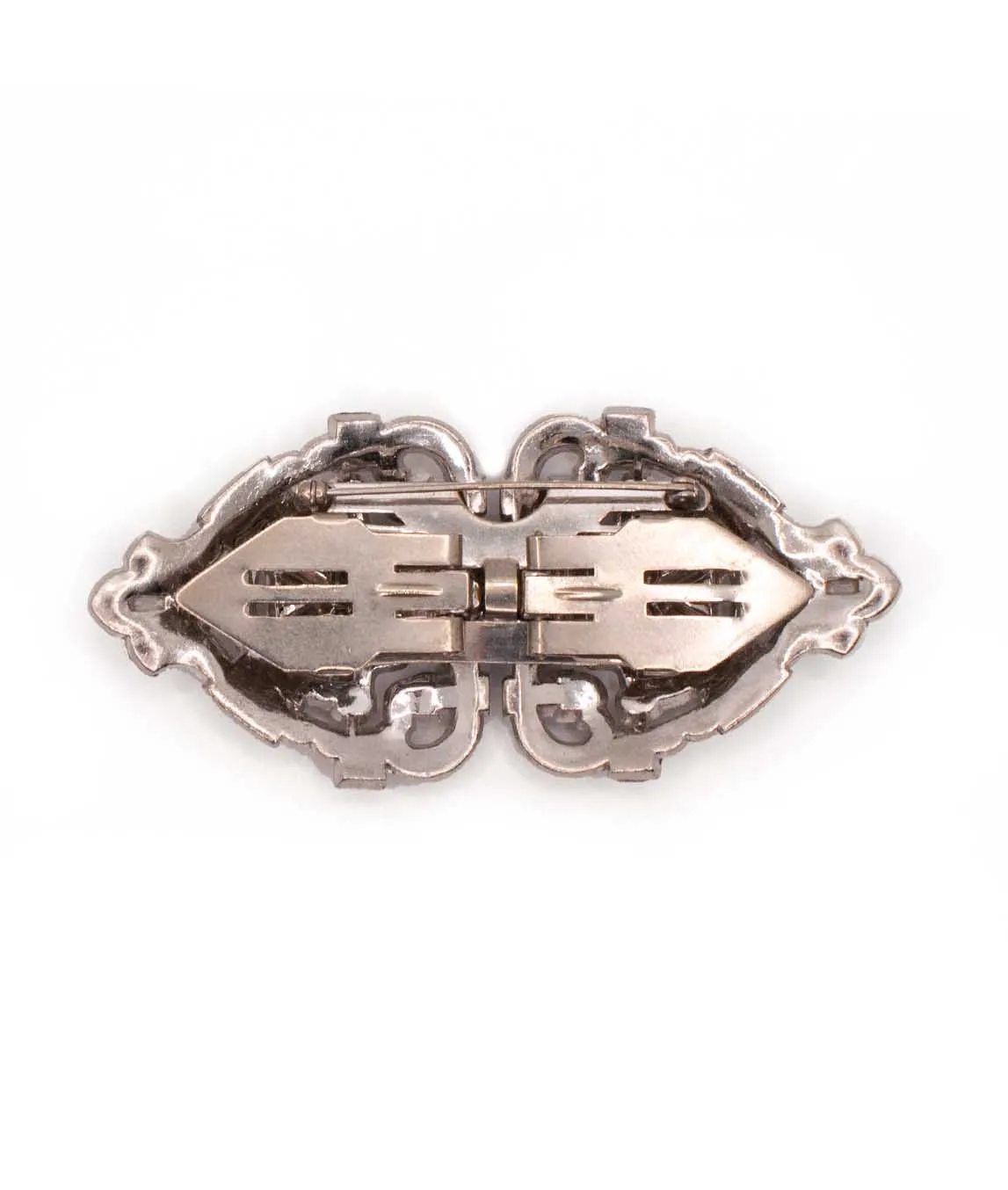 Back of art deco double dress clips with silver tone metal and brooch fastening