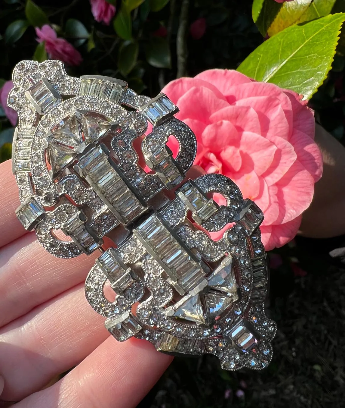 Large Art Deco double dress clip brooch with pink flower