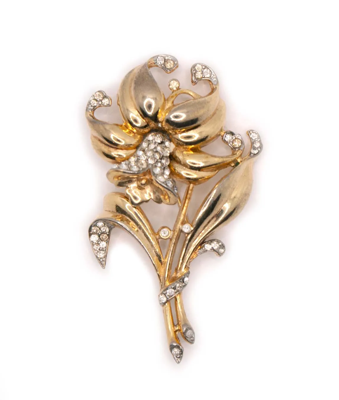 Gold plated Trifari daffodil brooch decorated with clear rhinestone crystals