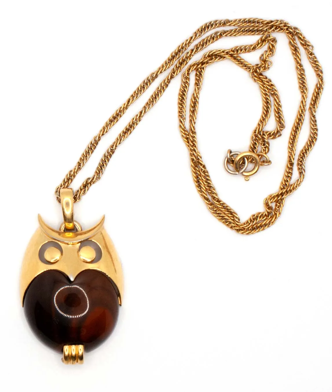 Brown lucite Crown Trifari owl pendant on long chain