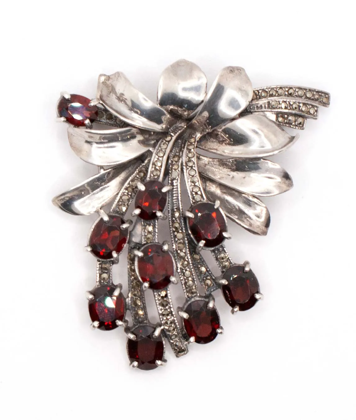 Vintage Silver and Marcasite Garnet Paste Brooch Pendant