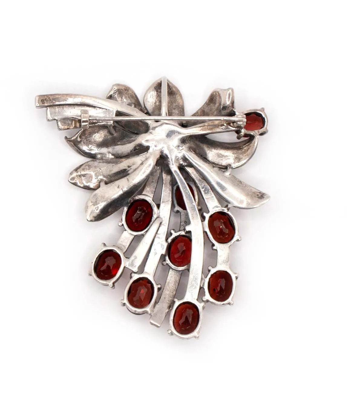 Back of 925 silver and marcasite brooch with garnet red paste stones
