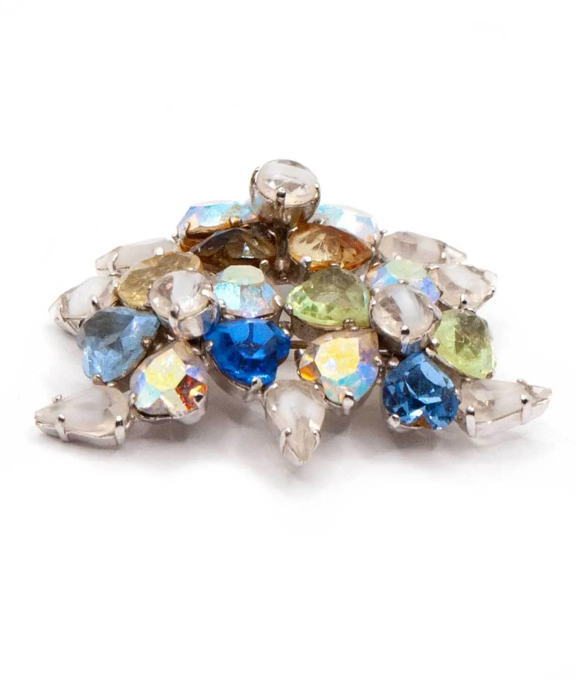 Multi colour vintage Christian Dior brooch with clear blue and green crystals side view