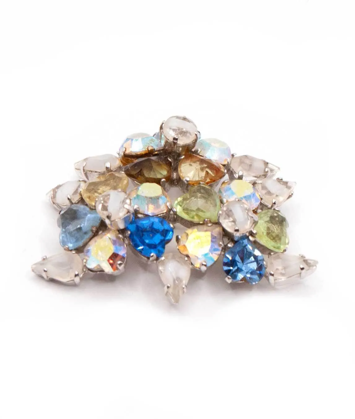 Side view of Christian Dior vintage 1960s brooch with blue and aurora borealis heart shaped crystals