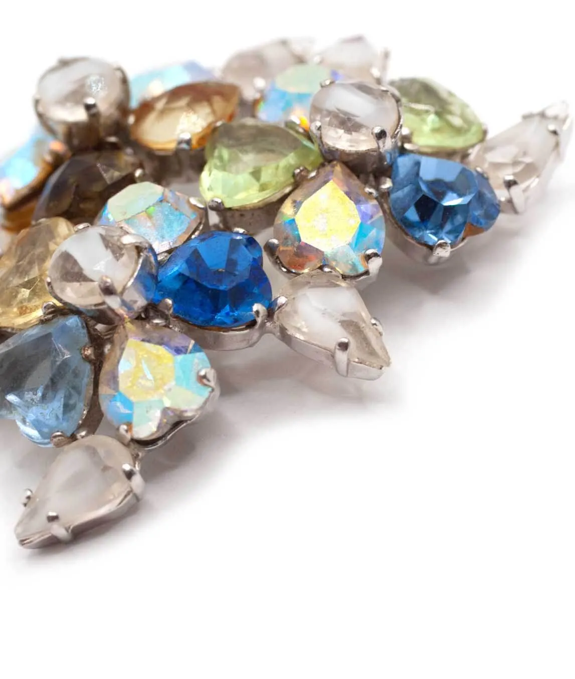 Christian Dior blue and aurora borealis brooch with heart shaped crystals close up