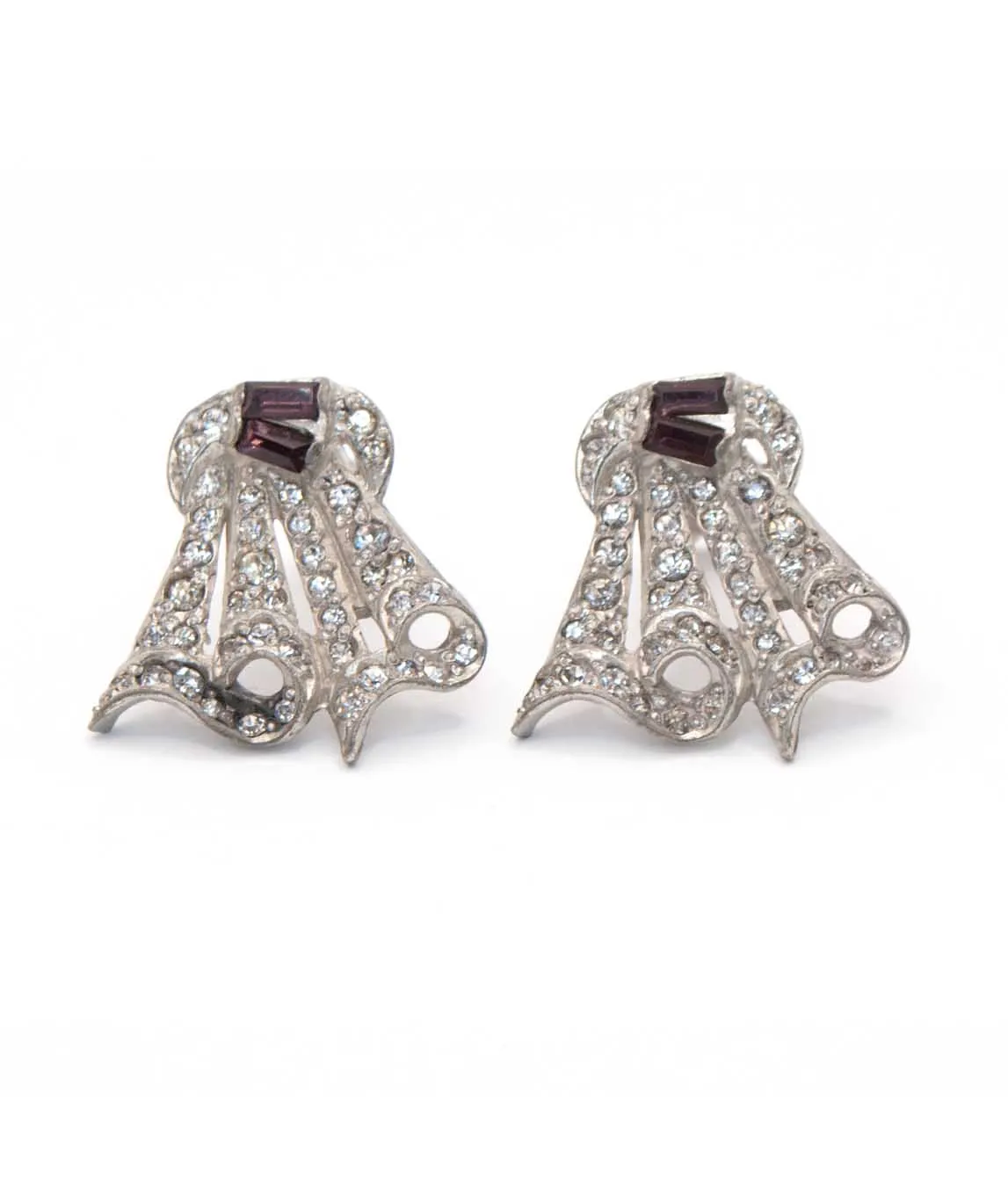 Two Art Deco dress clips clear crystals and purple baguette stones