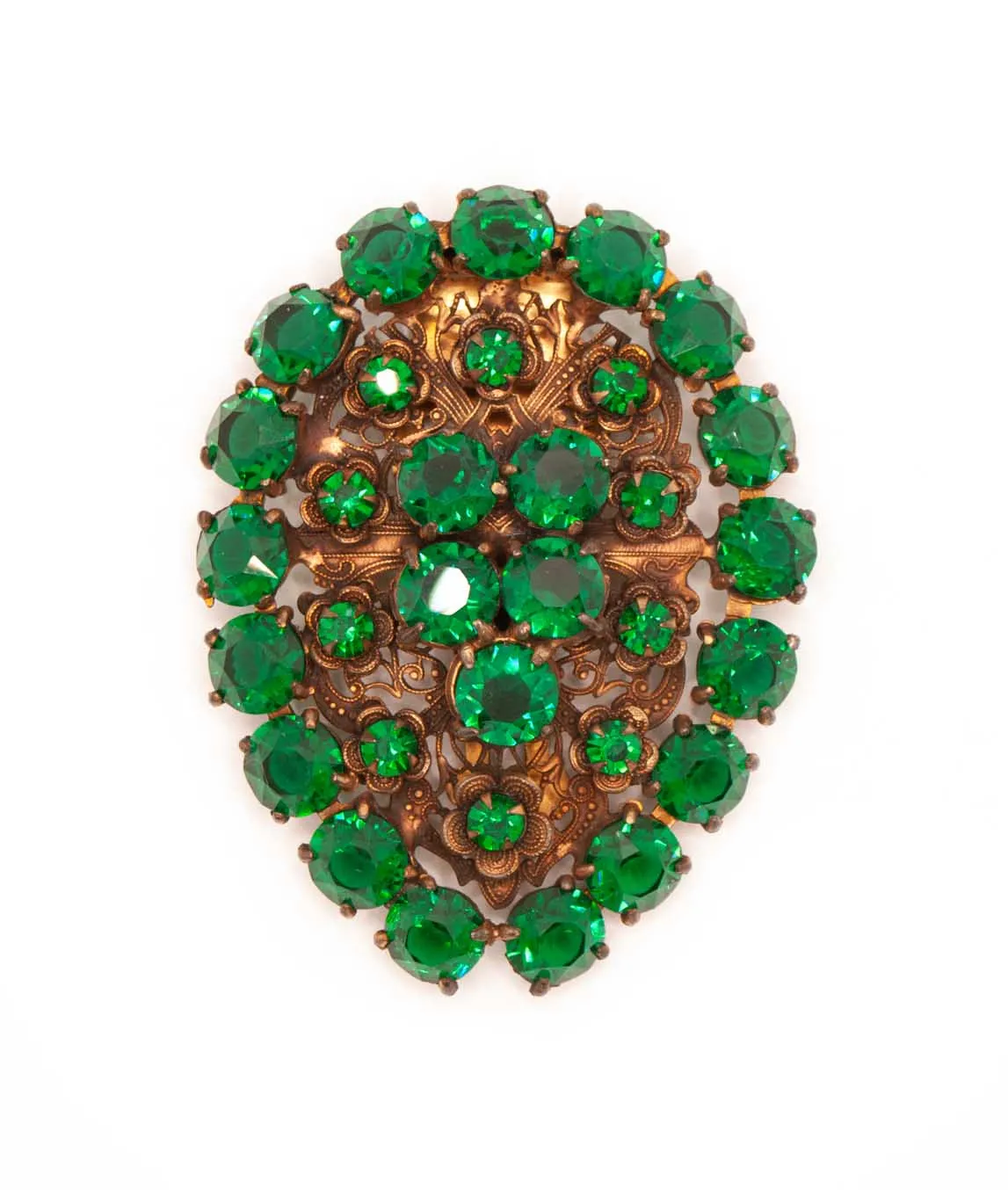 Large green glass Czech dress clip with copper floral settings