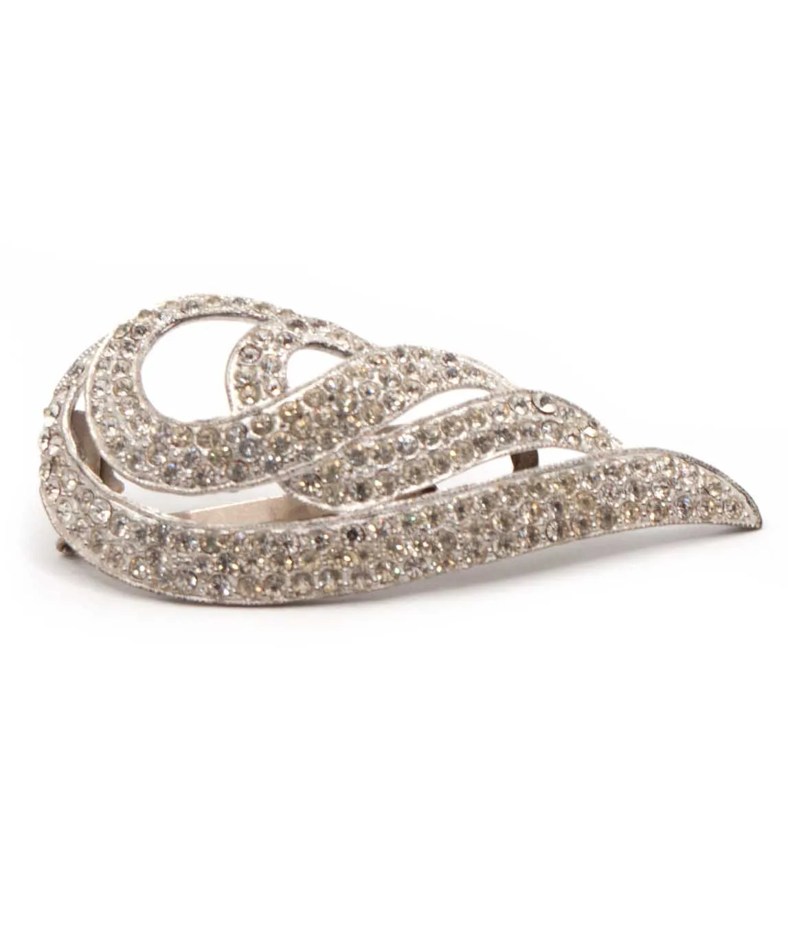 Side view of wing shaped dress clip with pave set clear crystals