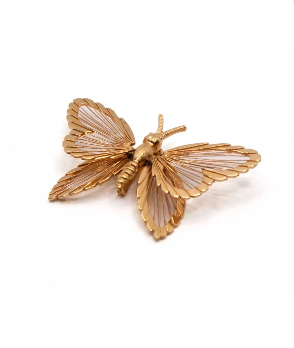 Side right view of gold tone wire butterfly brooch by Monet