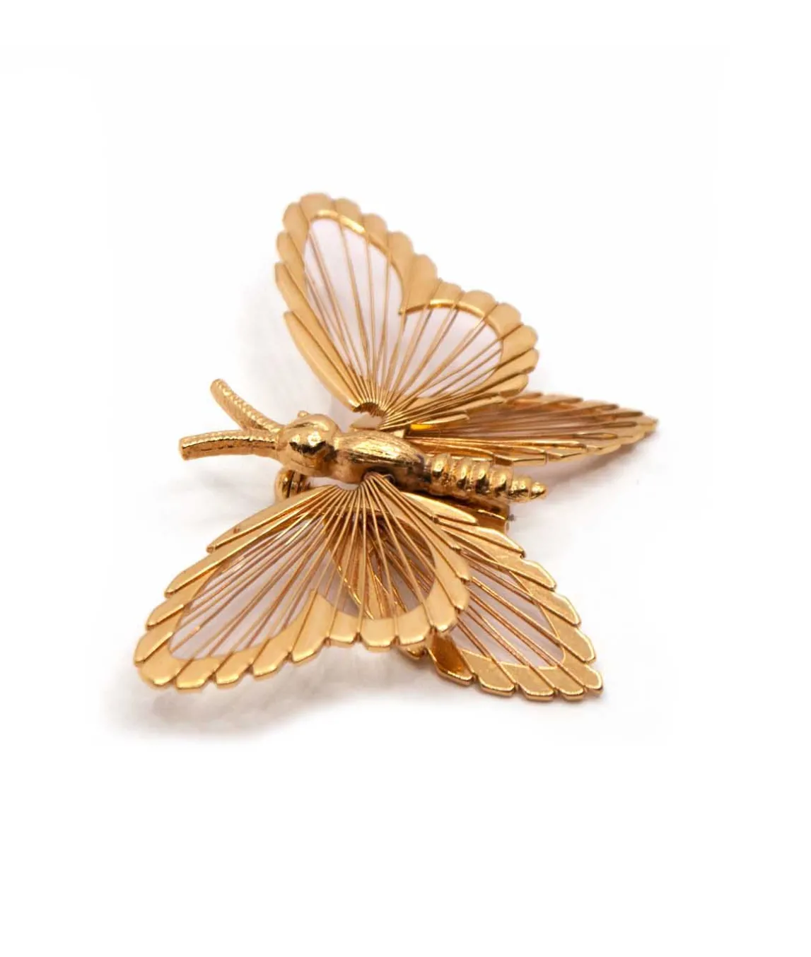 Top left view of Monet Menagerie butterfly brooch pin gold tone with wire wings