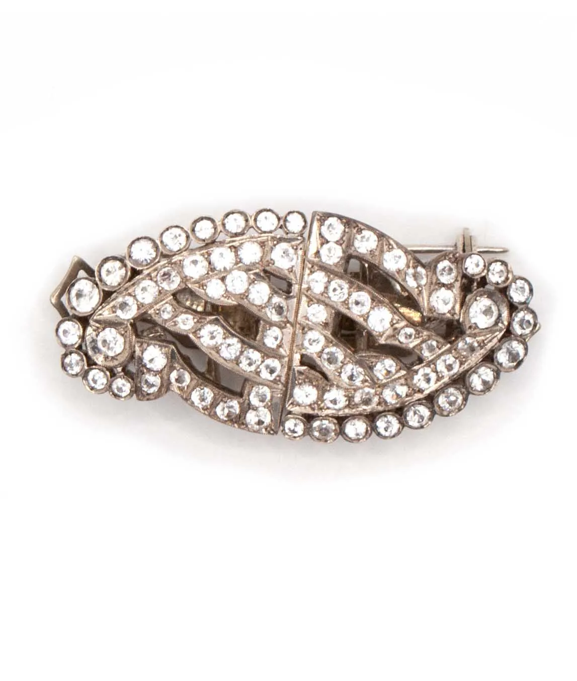 Art Deco era 1930s double brooch clip Indian silver and rhinestones