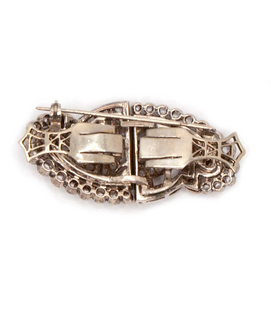 Back of handmade Art Deco era silver double clip brooch
