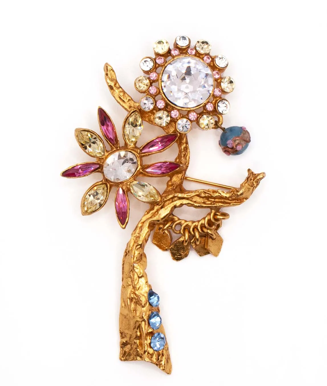 Large vintage Christian Lacroix flower brooch in matte gold plated metal with Pink Green Blue rhinestones