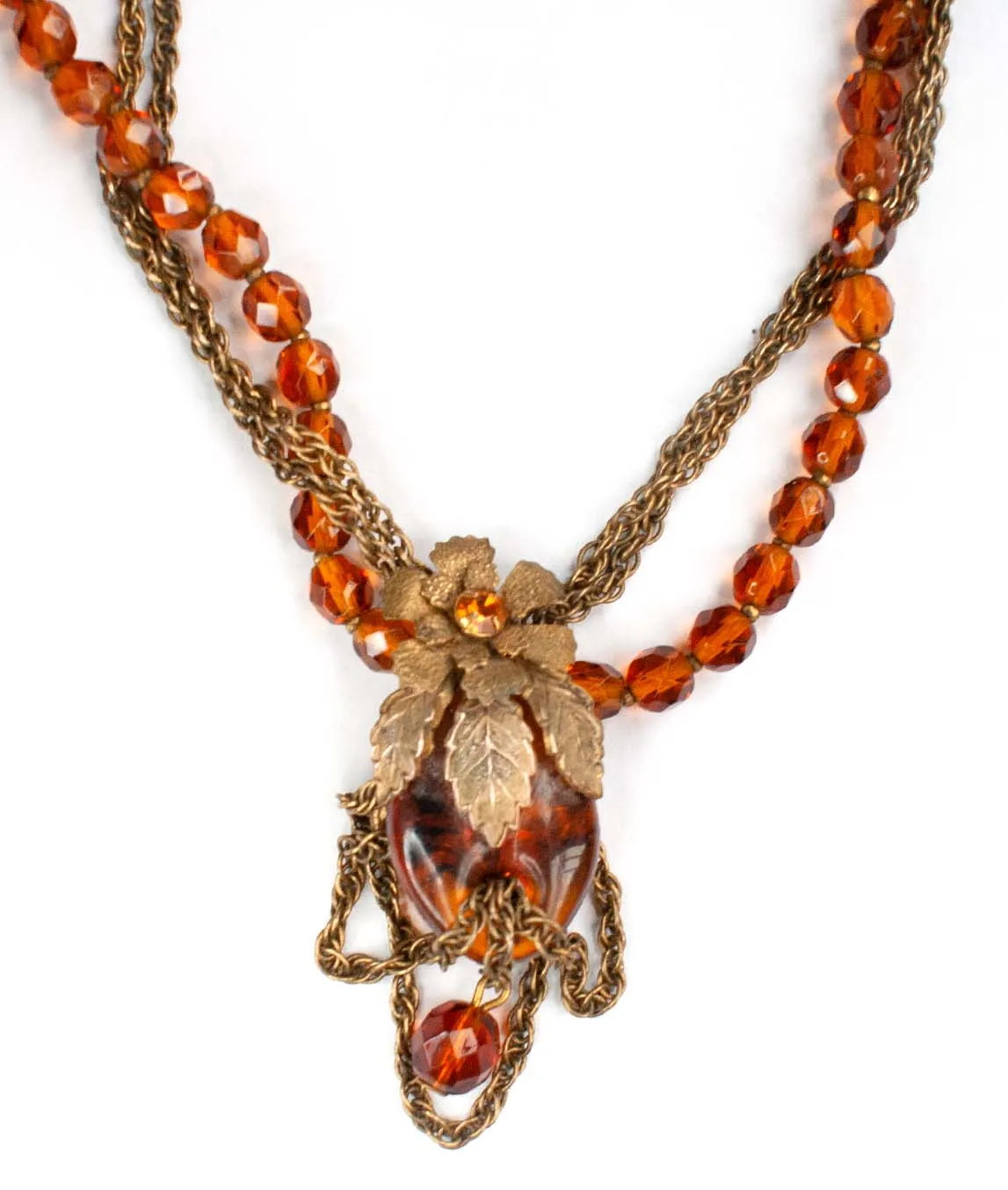 Miriam Haskell pineapple pendant necklace with bronze beads and chains
