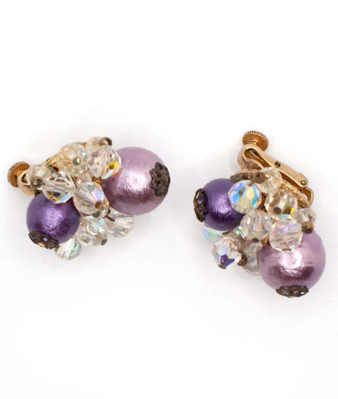 Vendôme purple bead and clear crystal cluster earrings profile view