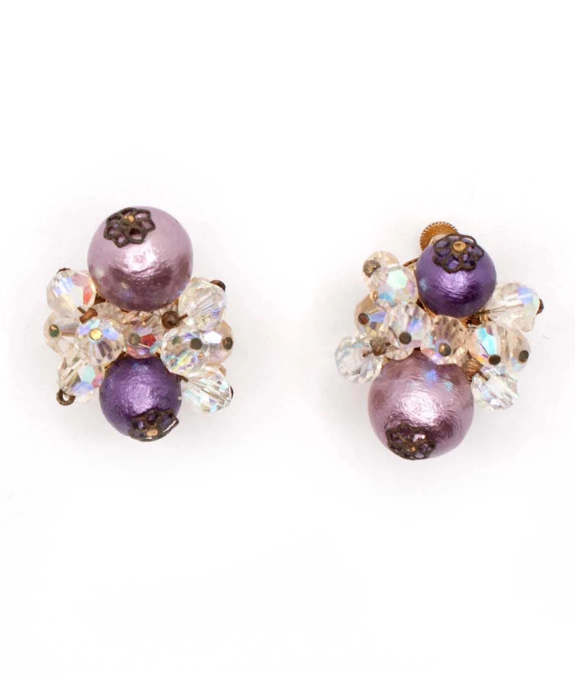 Vendôme purple bead and clear crystal cluster earrings top view