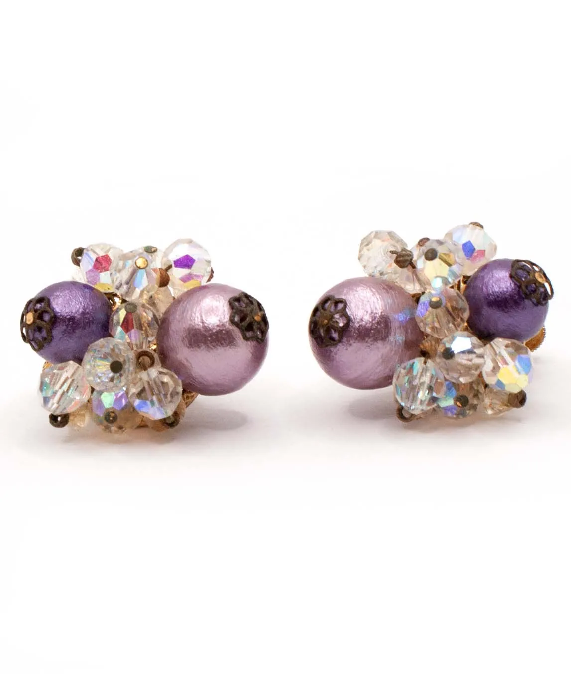 Vendôme purple bead and clear crystal cluster earrings right side view