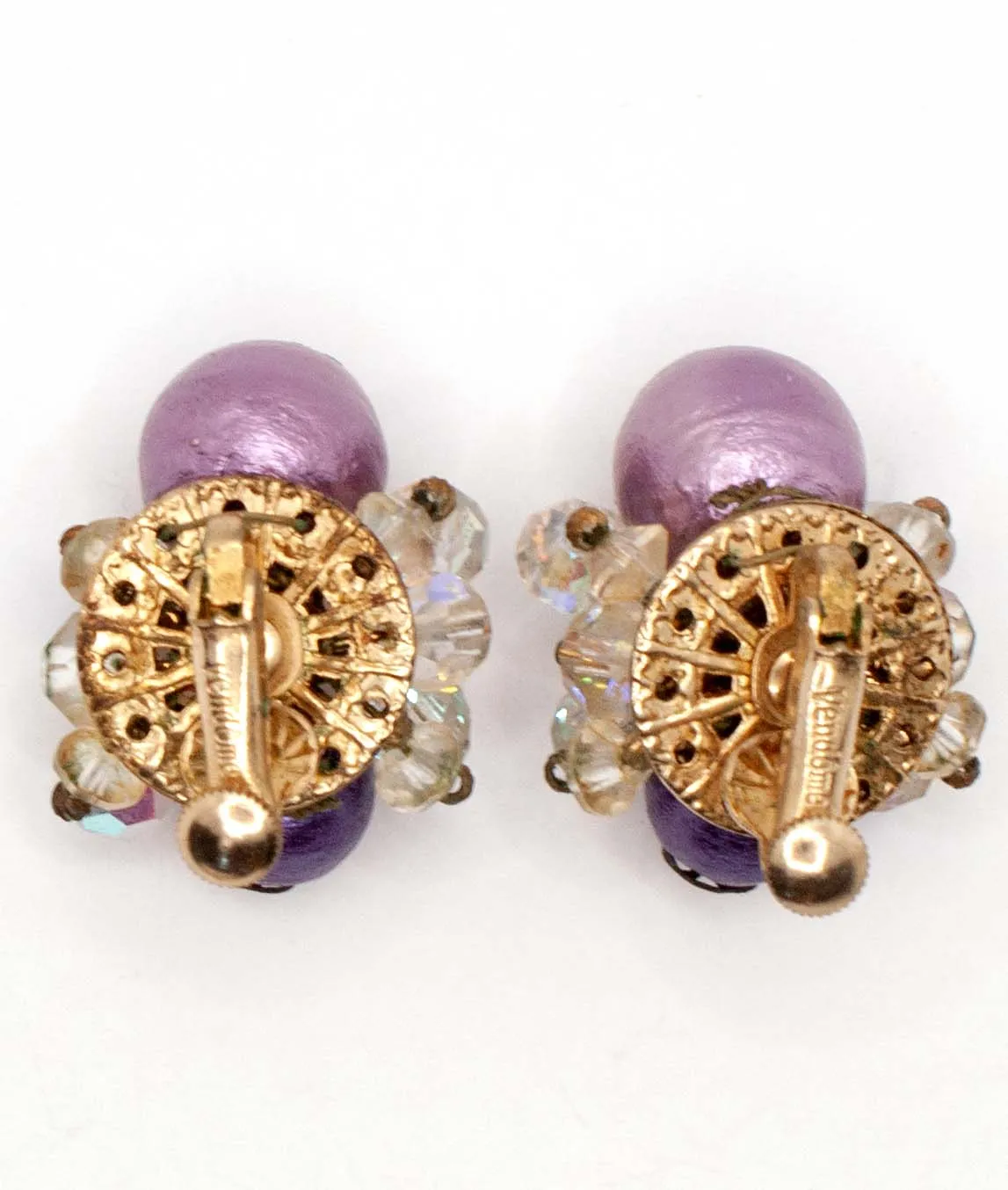 Back of Vendôme purple bead and clear crystal cluster earrings showing gold plated backing plate