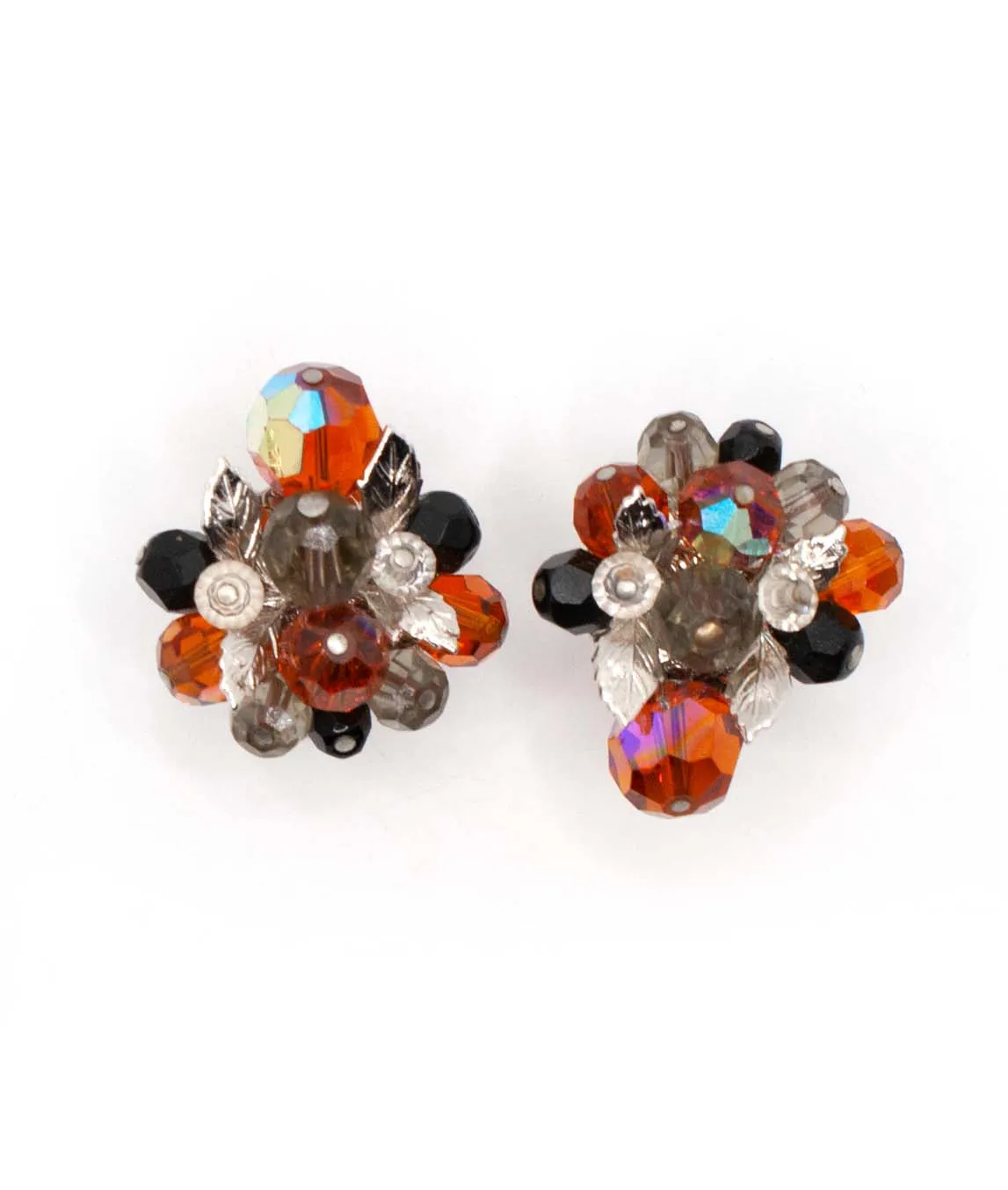 Vendôme Orange and Black Beaded Cluster Clip on Earrings top view