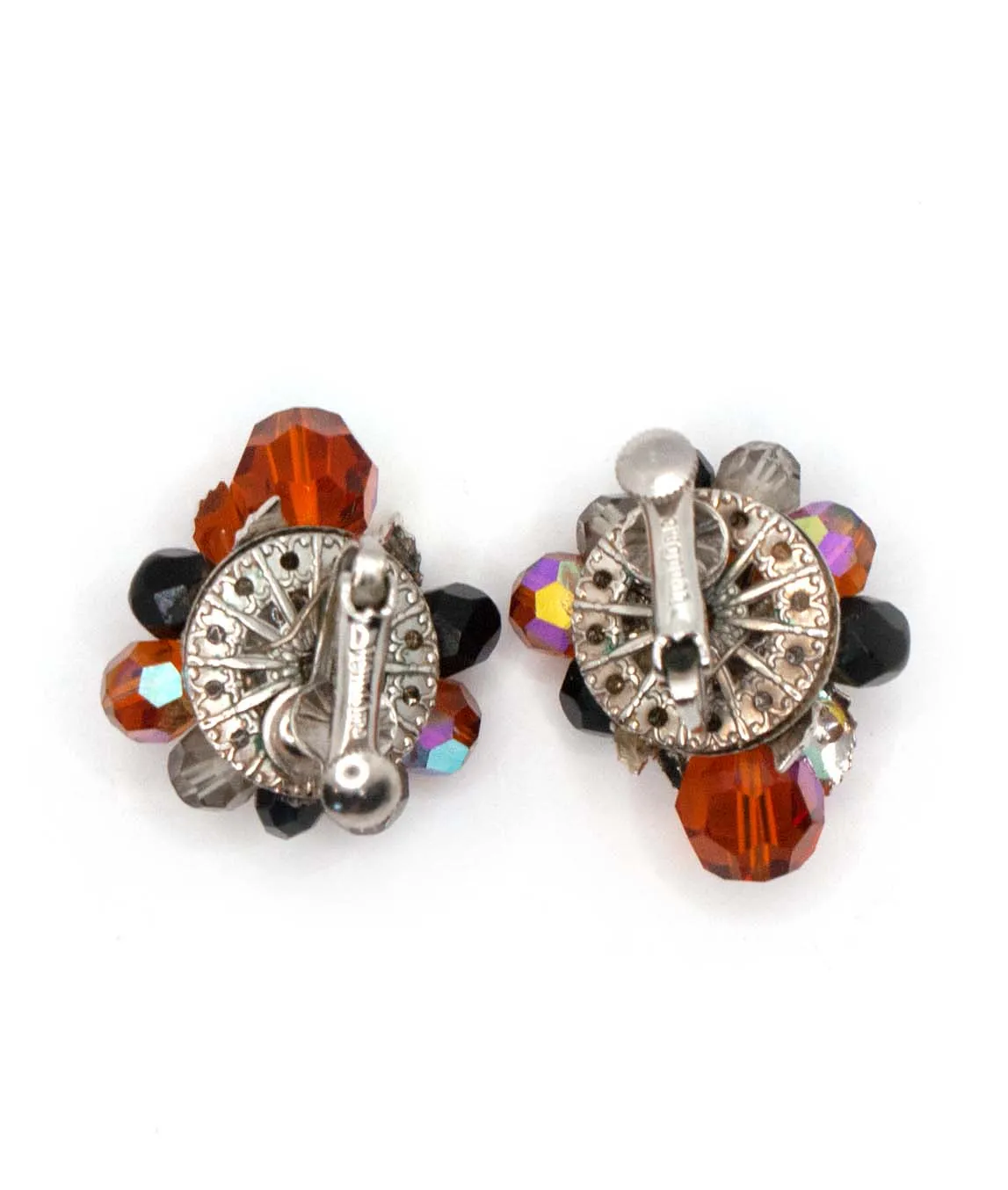 Back view of silver metal backing of Vendôme Orange and Black Beaded Cluster Clip on Earrings 
