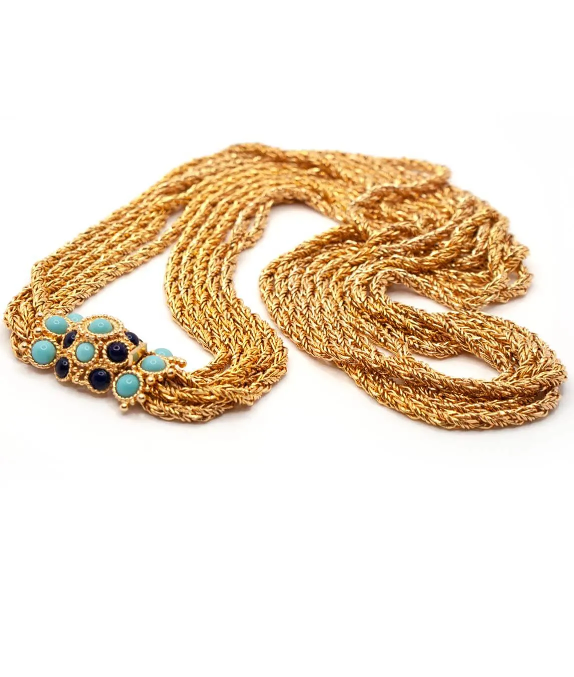 Christian Dior five chain necklace with turquoise and blue glass decorative clasp from 1969