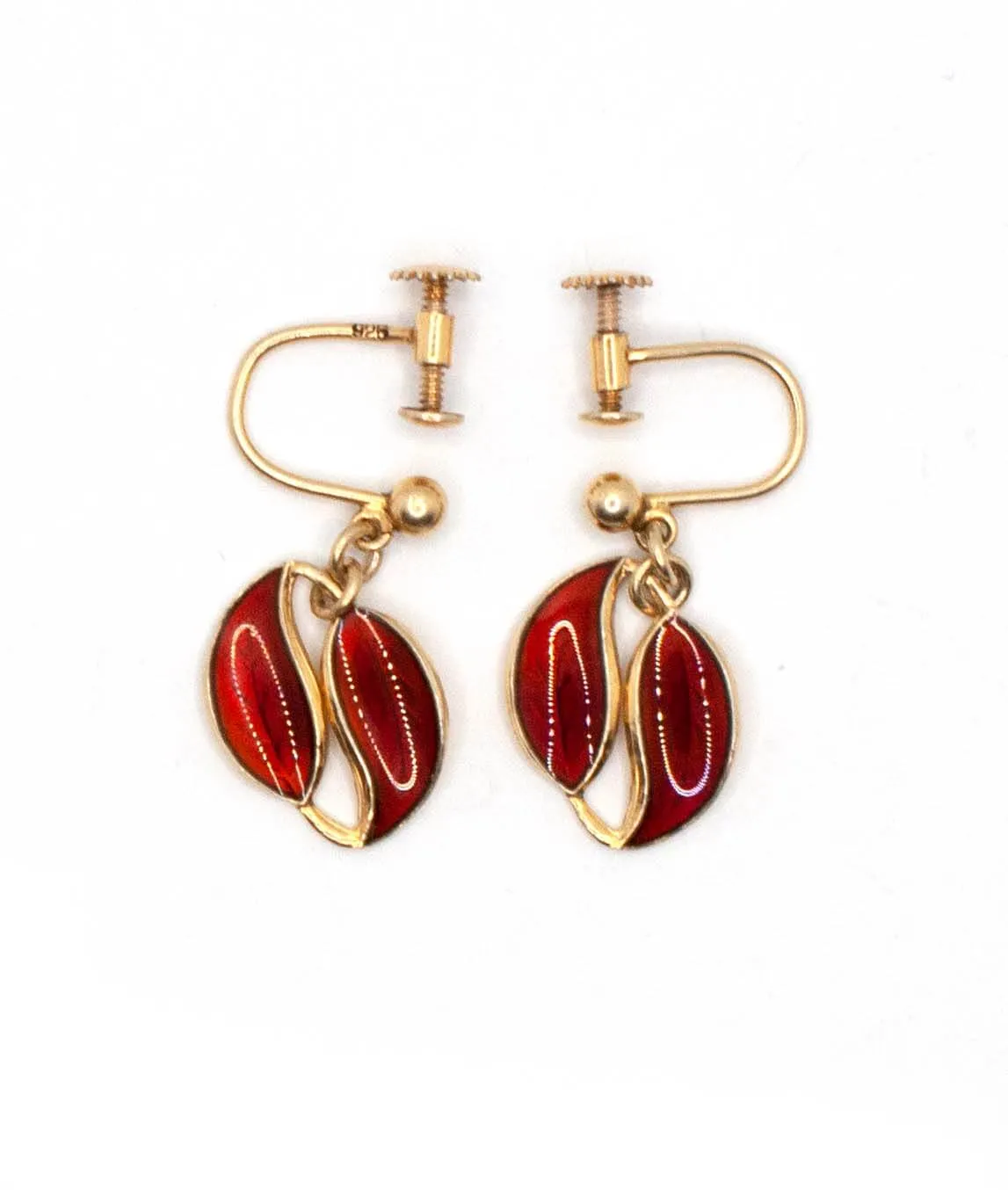 Red enamel dangle leaf earrings on gilded silver with screw back fittings