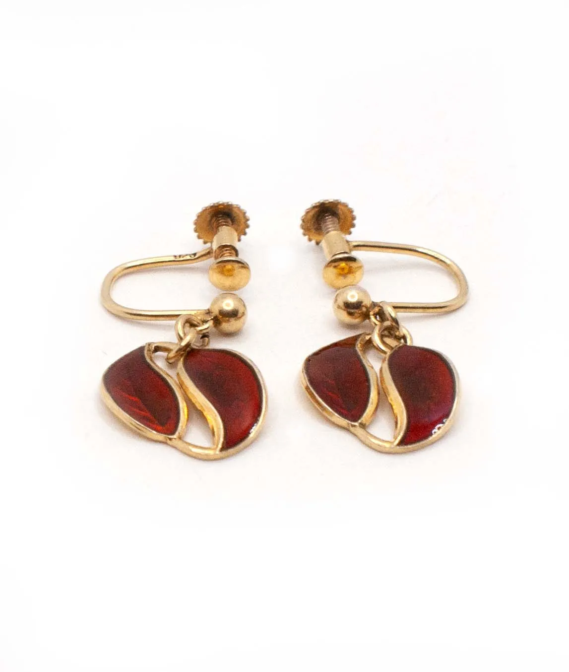 Red enamel dangle midcentury leaf earrings on gilded silver with screw back fittings