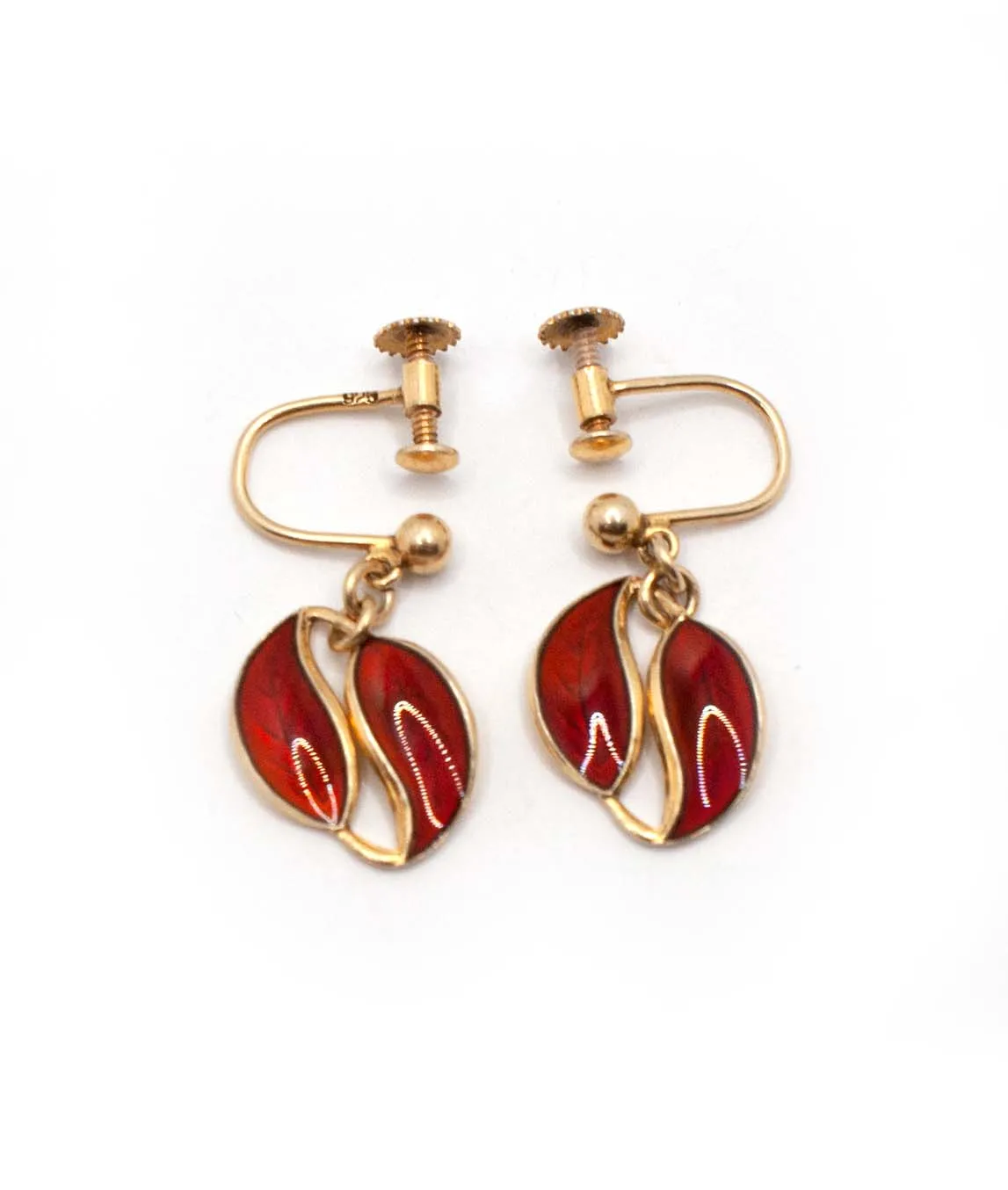 David Andersen red enamel dangle leaf earrings on gilded silver with screw back fittings