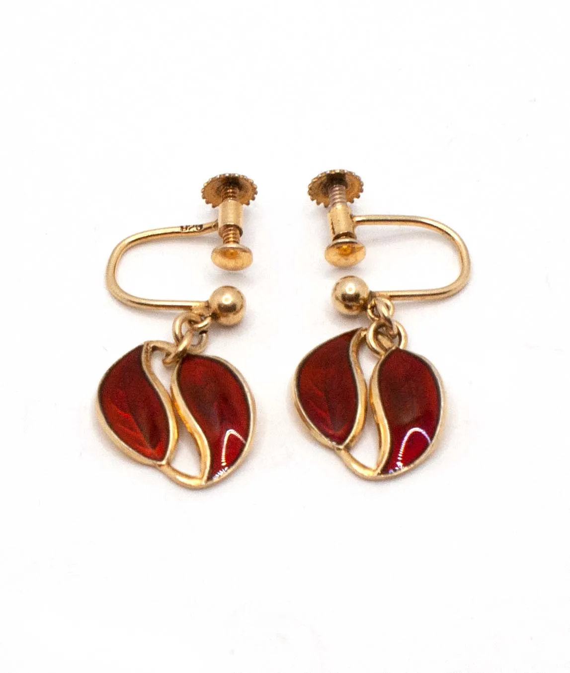 Red enamel dangle leaf earrings on gilded silver with screw back fittings by Willy Wineas for David Andersen