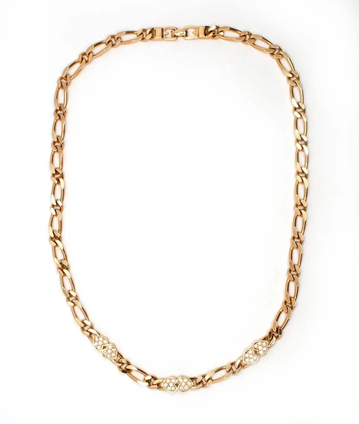 Fancy link gold tone chain necklace by Grosse jeweller to Christian Dior with rhinestone hearts
