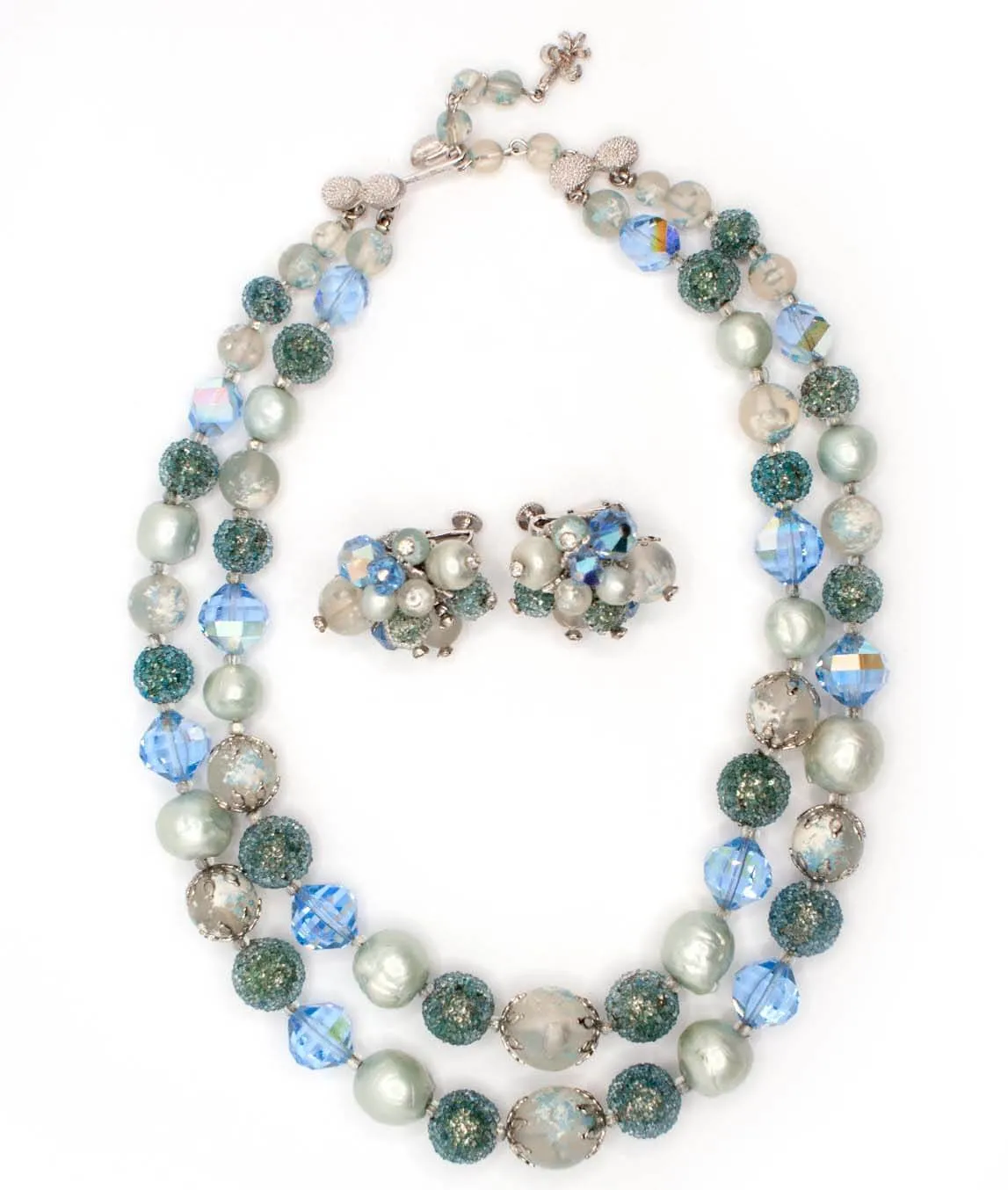 Vendôme Necklace and Earrings blue green and aqua beads
