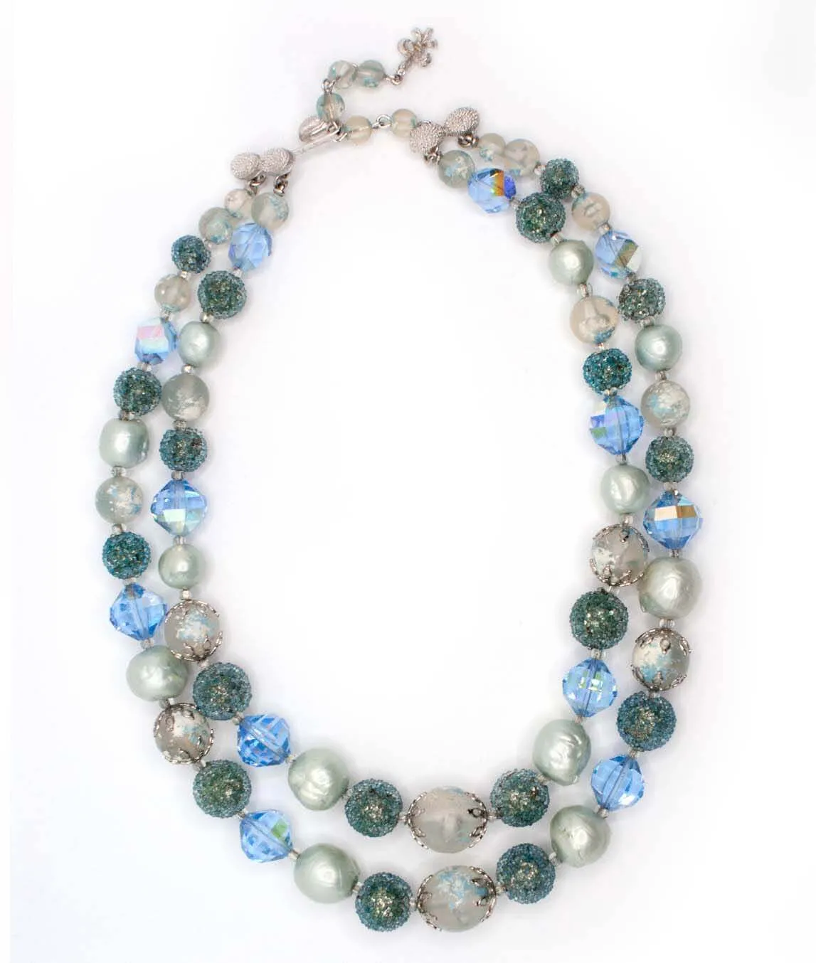 Vendôme Necklace blue green and white beads and silver tone metal