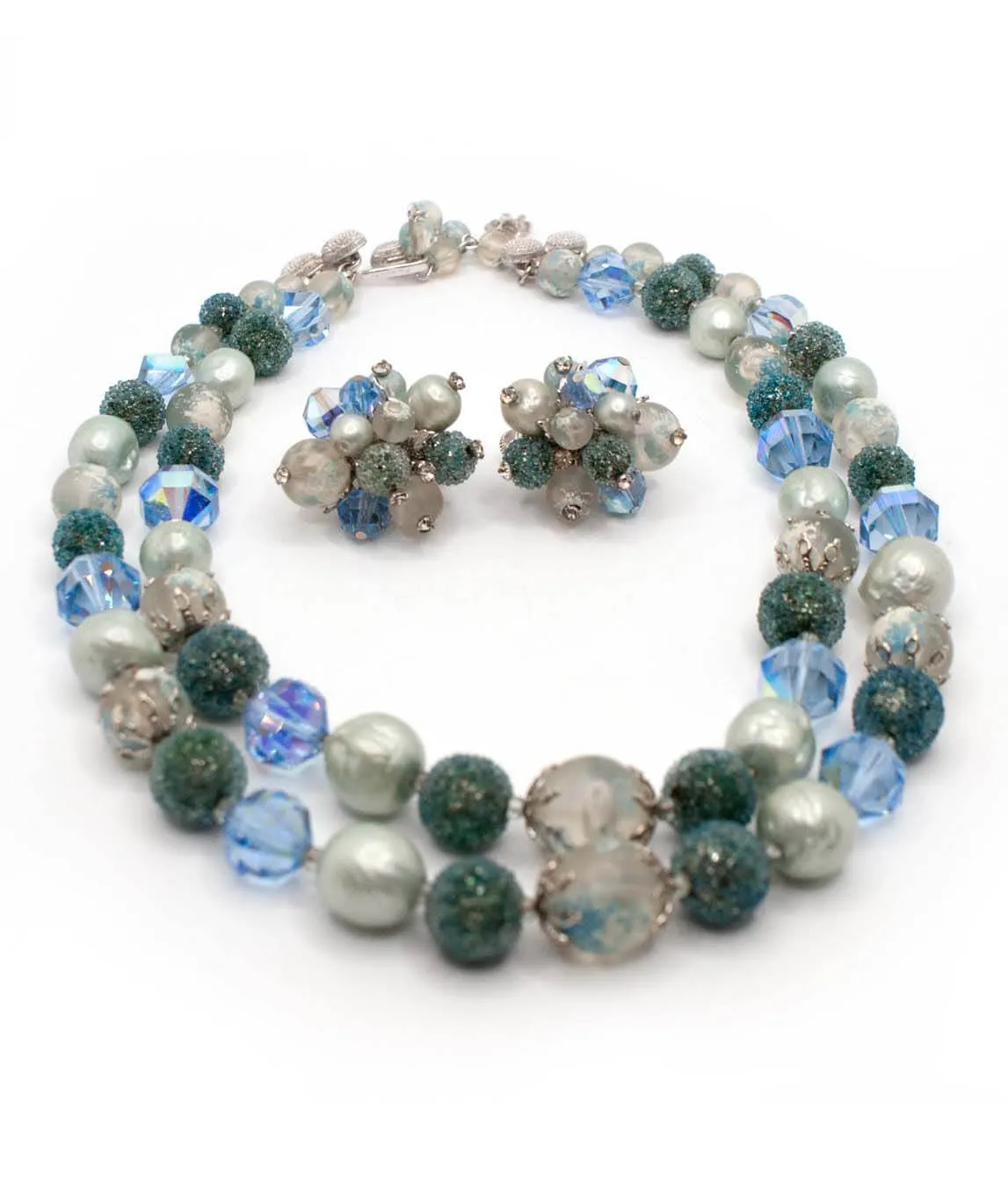 Vendôme Necklace and Earrings blue green clear and white beads