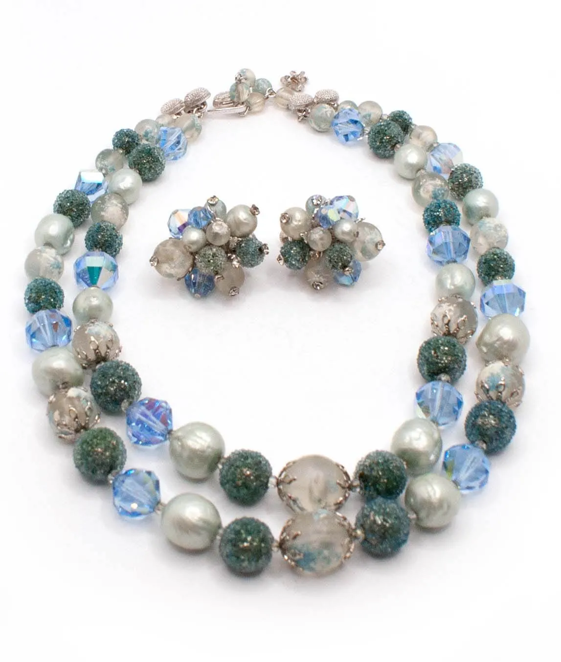 Vendôme Necklace and Earrings blue green and white beads